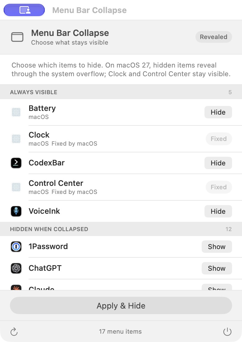 Menu Bar Collapse configuration showing Always Visible and Hidden When Collapsed groups